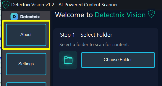 Click the About button in Detectnix Vision