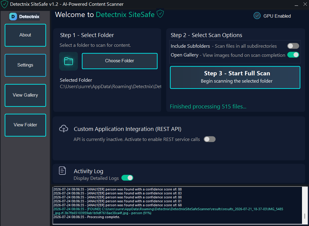 Detectnix SiteSafe AI PPE scanning software running on Windows