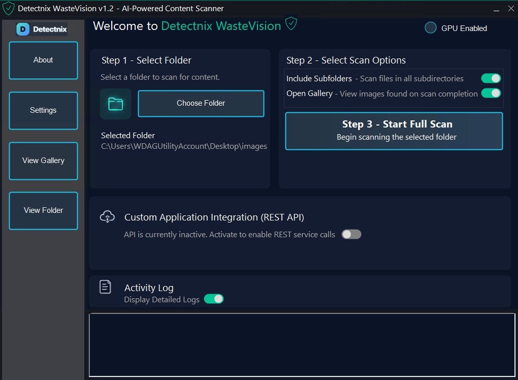 Detectnix WasteVision AI garbage and waste scanning software running on Windows