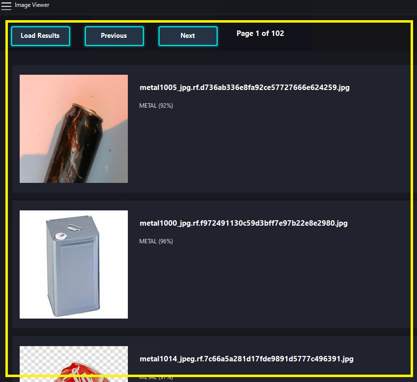 Detected waste materials and recycling categories are available to review