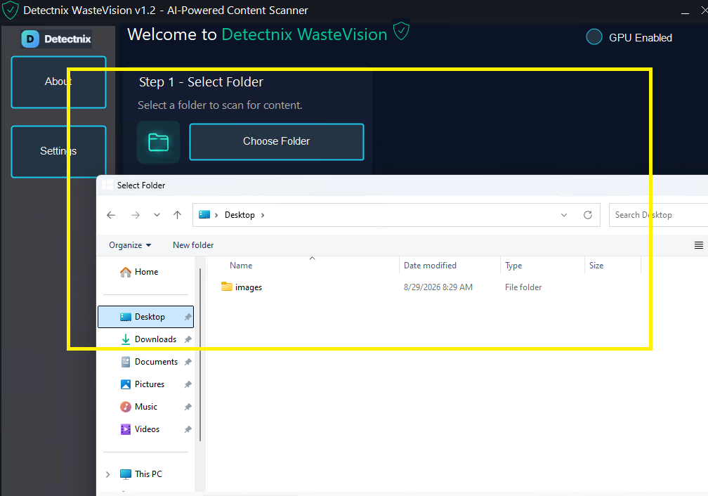 Select any folder or subfolder to scan waste photos. Detectnix works with whatever directory structure you have